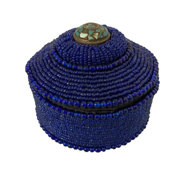 Blue Beaded Trinket Box With Turquoise Mosaic Top - Picture 1 of 9
